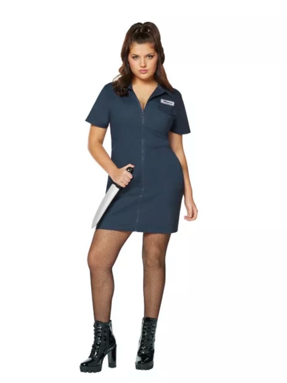 Navy Zip-Front Short Sleeve Dress